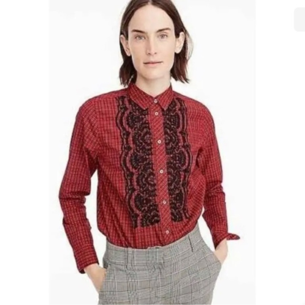 J. Crew Boy Shirt in Red Black Lace Embellished Plaid‎ Size 8